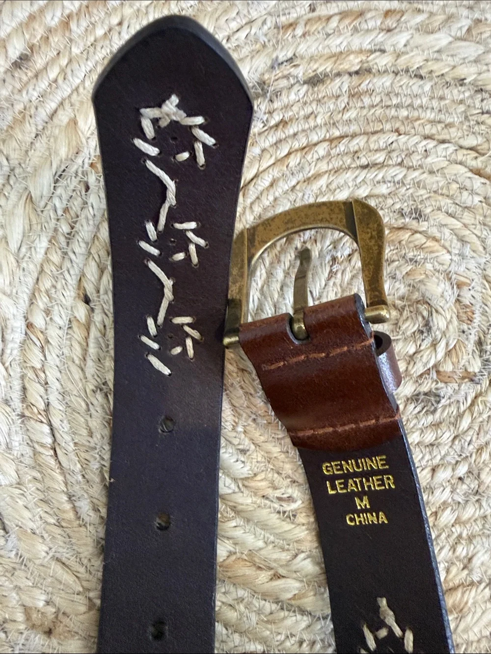 Genuine Leather Floral Cutout Embroidered Belt Brown Brass Buckle Size Medium